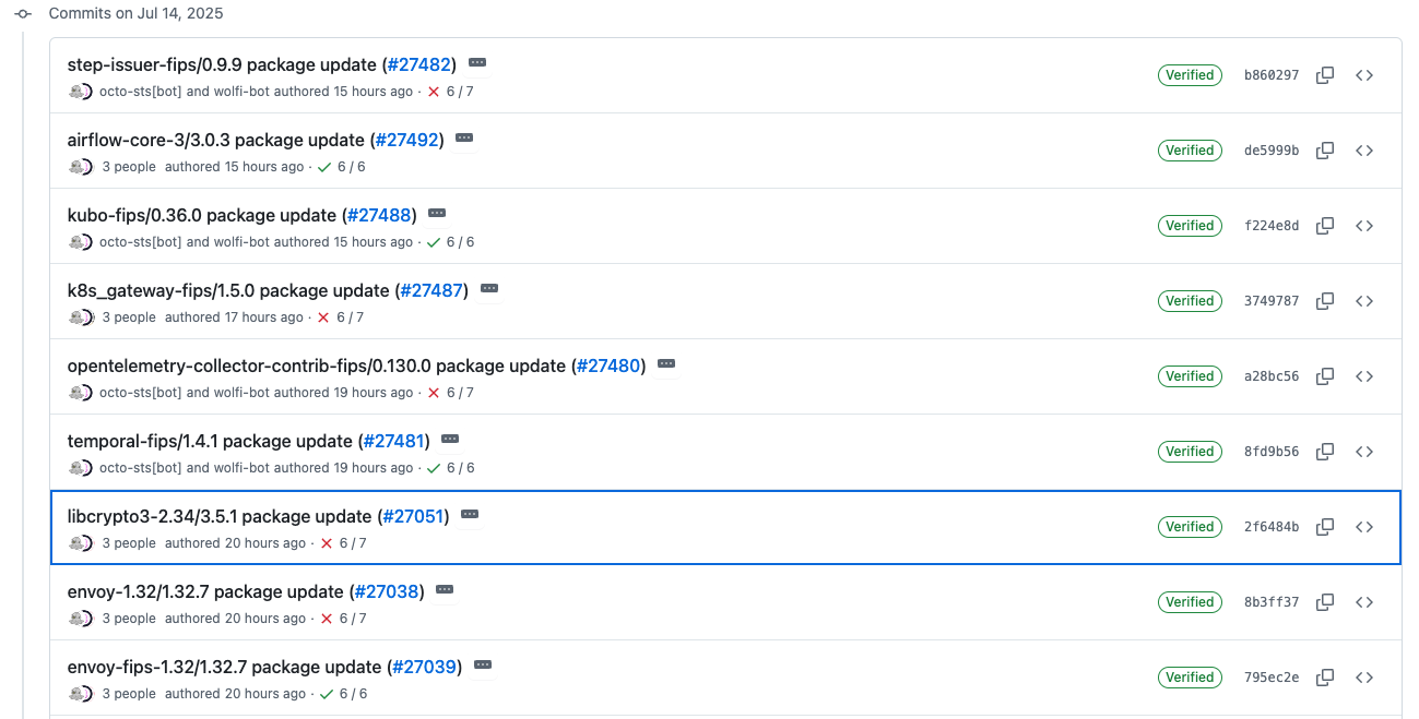 Screenshot showing package updates committed by Factory automation